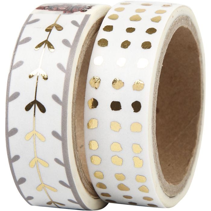 Masking Tape, harten en stippen - folie, B: 15 mm, goud, wit, 2x4 m/ 1 doos