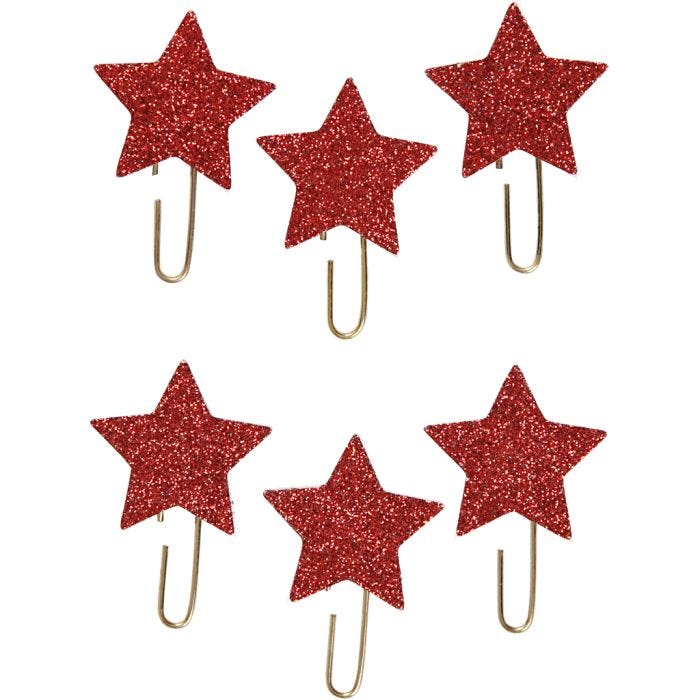 Paperclips, ster, d 30 mm, rood glitter, 6 stuk/ 1 doos