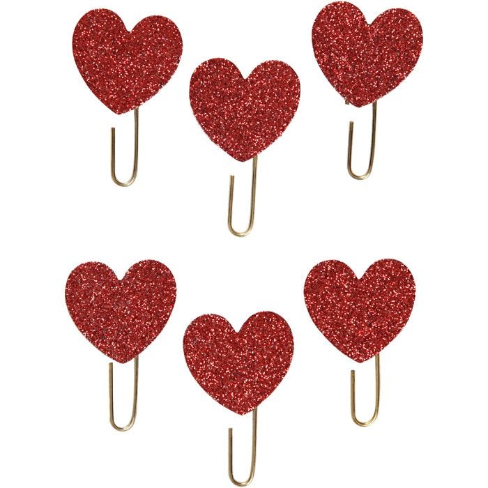 Paperclips, hart, d 30 mm, rood glitter, 6 stuk/ 1 doos