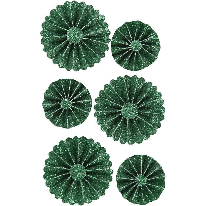 Rosettes, d 35+50 mm, groen glitter, 6 stuk/ 1 doos