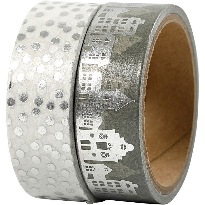 Masking Tape, huizen en stippen - folie, B: 15 mm, zilver, 2x4m/ 1 doos