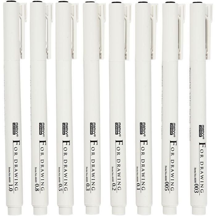 Fineliners, lijndikte 0,03+0,05+0,1+0,2+0,3+0,5+0,8+1,0 mm, zwart, 8 stuk/ 1 doos