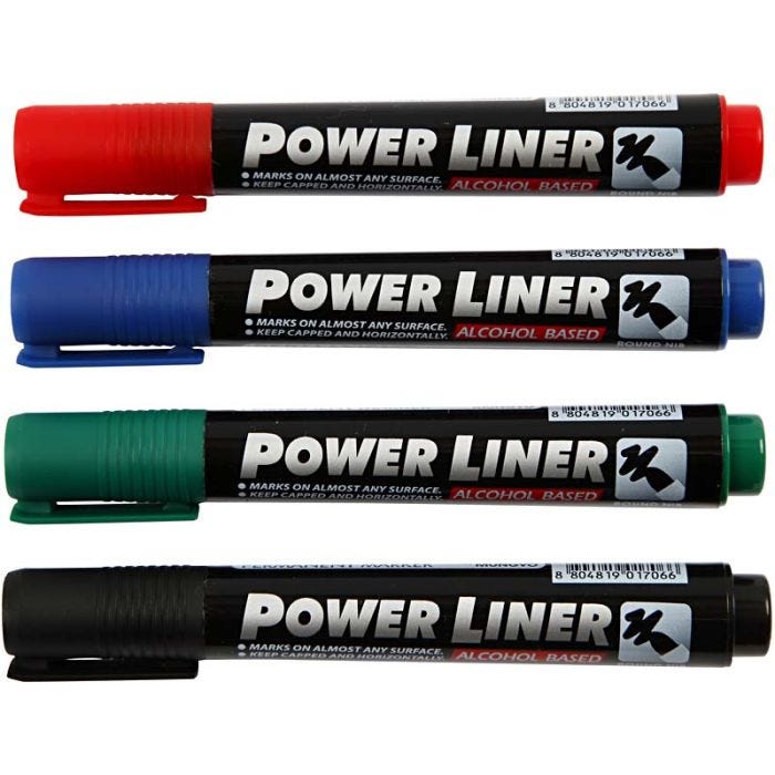 Power Liner, lijndikte 1,5-3 mm, zwart, blauw, groen, rood, 4 stuk/ 1 doos