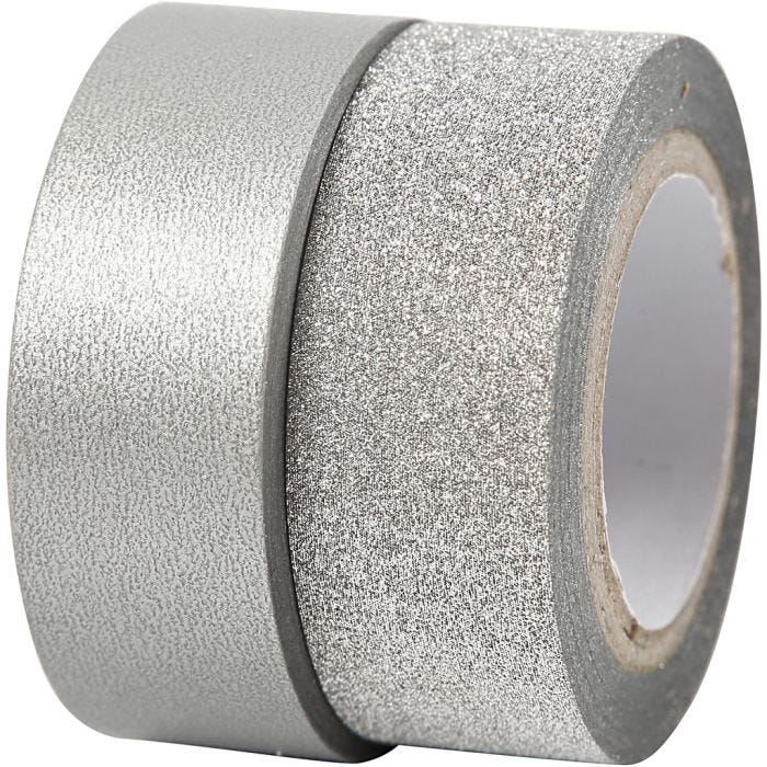 Masking tape, B: 15 mm, zilver, 2rol/ 1 doos