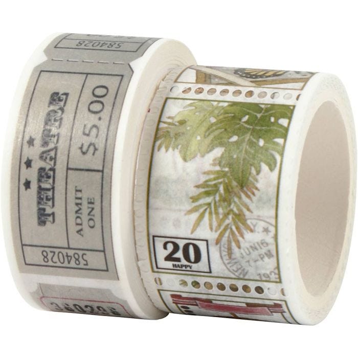 Masking tape, ticket en natuurmotieven, L: 3+5 M, B: 20+25 mm, 2 rol/ 1 doos
