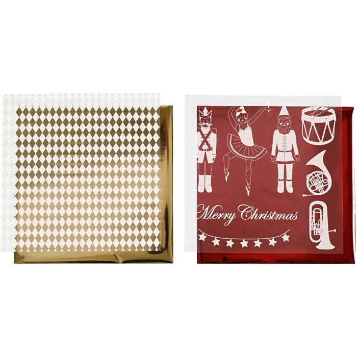 Deco folie en transfer vel, notenkraker, kerstman en ballerina, vel 15x15 cm, goud, rood, wit, 4 vel/ 1 doos