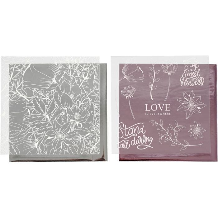 Deco folie en transfer vel, bloemen, vel 15x15 cm, roze, zilver, 4vel/ 1 doos