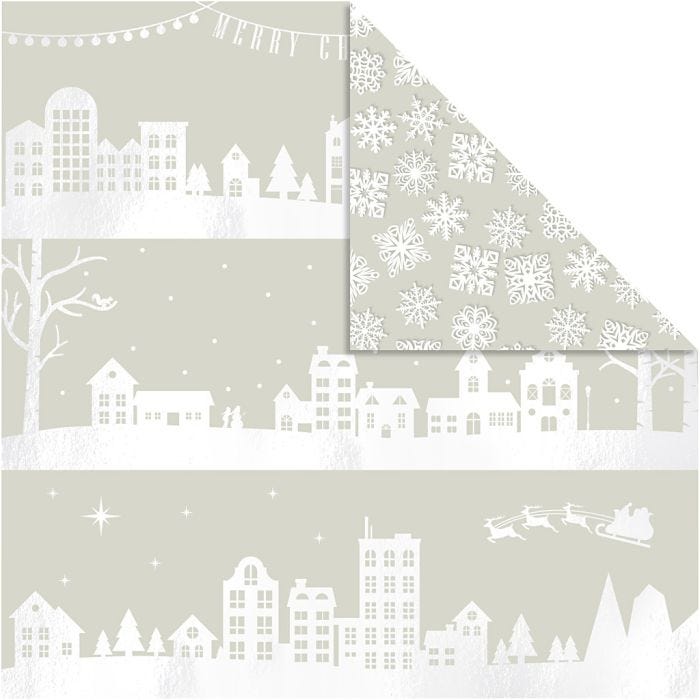 Design papier, huizen en sneeuwvlokken, vel 30,5x30,5 cm, 180 gr, 3vel/ 1 doos