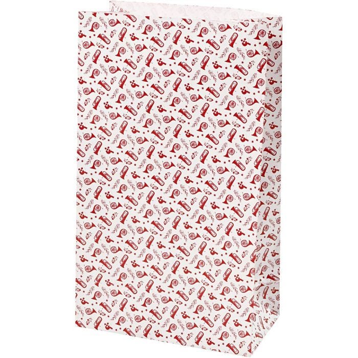 Papieren zakken, trompet, H: 21 cm, afm 6x12 cm, 80 gr, rood, wit, 8stuk/ 1 doos
