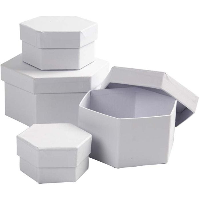 Hexagonale Dozen, H: 4+5+6+7 cm, d 6,5+8+10+12 cm, wit, 4stuk/ 1 set
