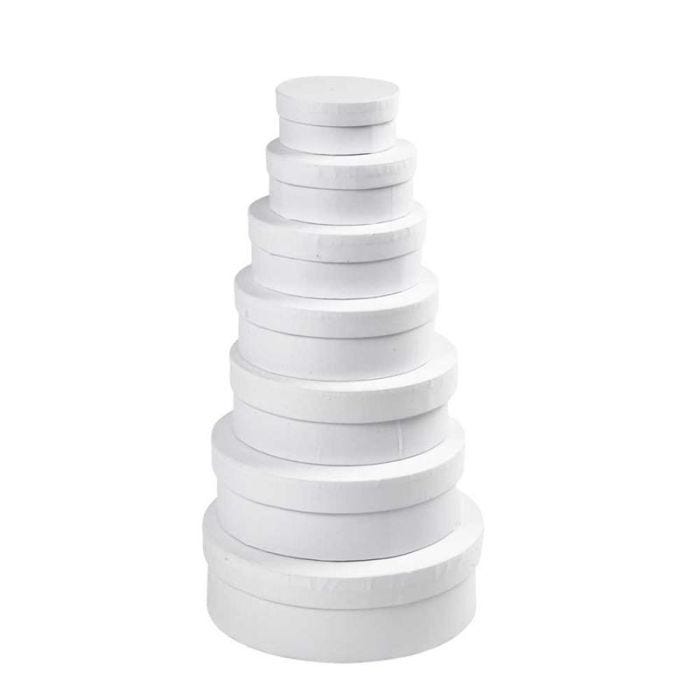 Ronde dozen, H: 4+4,5+5+5,5+6+6,5+7 cm, d 8,5+10,5+12,5+14,5+16,5+18,5+21,5 cm, wit, 7 stuk/ 1 set