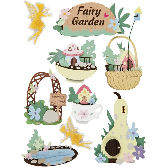 3D stickers, feeën tuin, H: 32-64 mm, B: 30-55 mm, dikte 7 mm, 9 stuk/ 1 doos