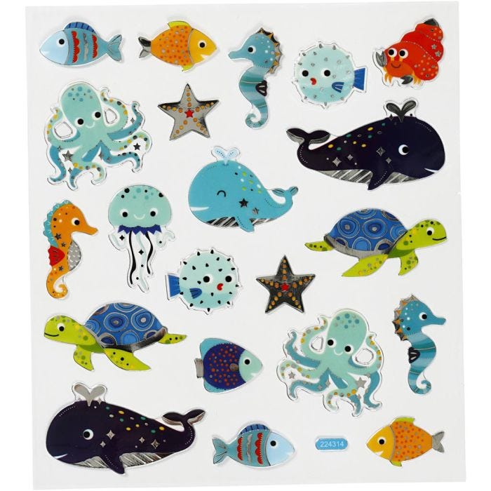 Stickers, zeedieren, vel 15x16,5 cm, 1 vel