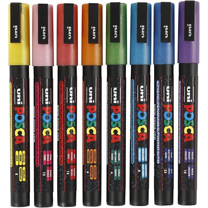Posca Marker, PC-3ML, lijndikte 0,9-1,3 mm, glitterkleuren, 8stuk/ 1 doos