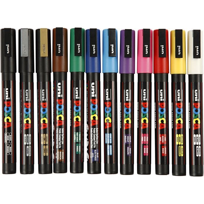 Posca Marker, afm PC-3M, lijndikte 0,9-1,3 mm, fijn, diverse kleuren, 12 stuk/ 1 doos