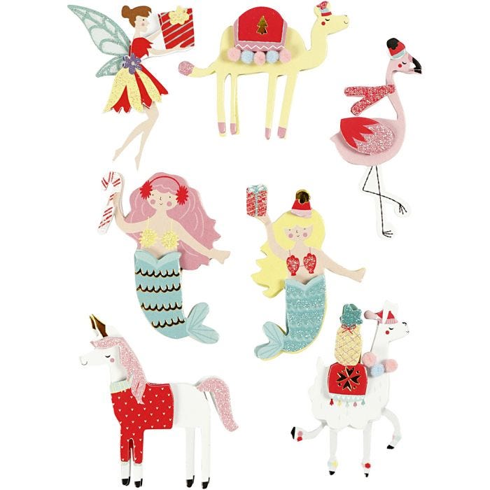 3D stickers, flamingo, lama zeemeermin, H: 50-60 mm, B: 30-45 mm, dikte 7 mm, 7 stuk/ 1 doos