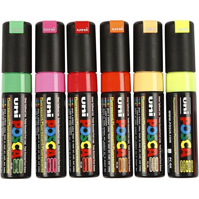 Posca Marker, afm PC-8K, lijndikte 8 mm, breed, diverse kleuren, 6 stuk/ 1 doos