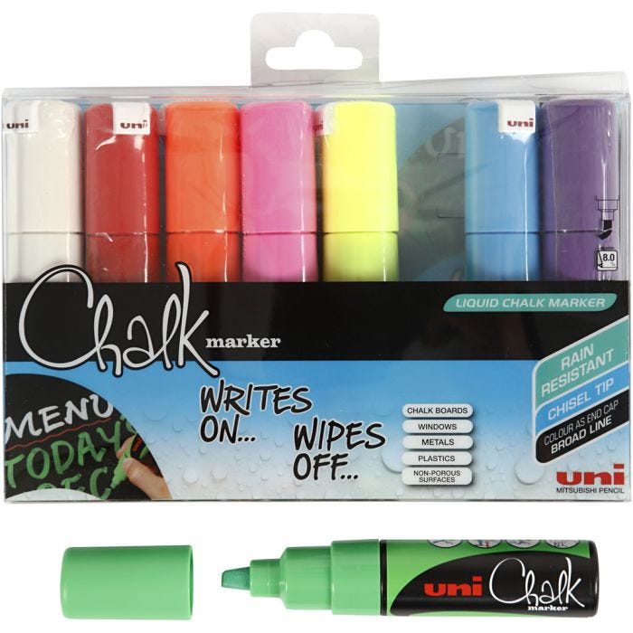 Chalk Marker, lijndikte 8 mm, diverse kleuren, 8 stuk/ 1 doos