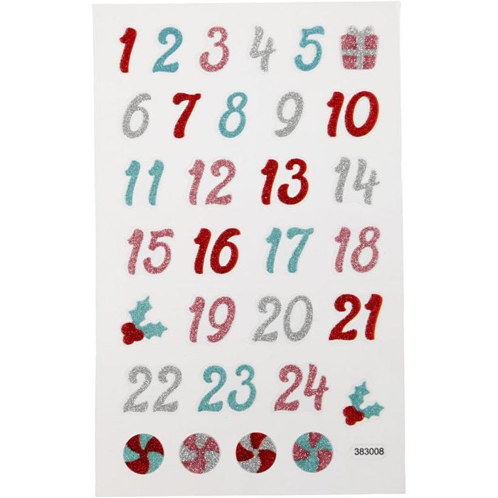Glitter stickers, advent cijfers, vel 10x16 cm, 1 vel
