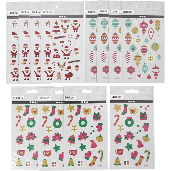 Glitter stickers, vel 10x16 cm, 12 vel/ 1 doos