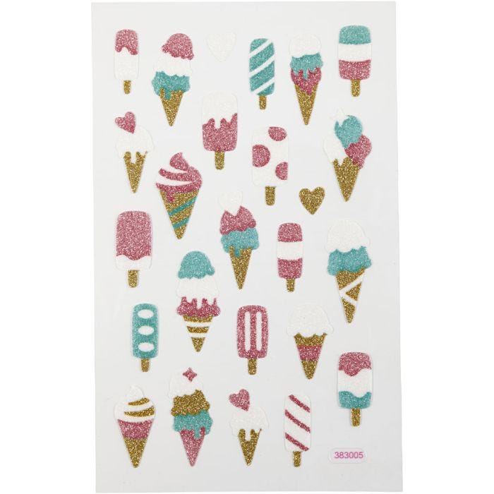 Glitter stickers, ijsjes, vel 10x16 cm, 1 vel