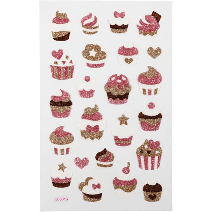 Glitter stickers, cupcakes, vel 10x16 cm, 1 vel