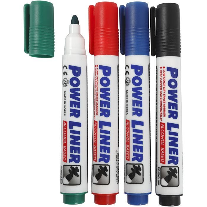 Whiteboard stiften, 4 mm, zwart, blauw, groen, rood, 4stuk/ 1 doos