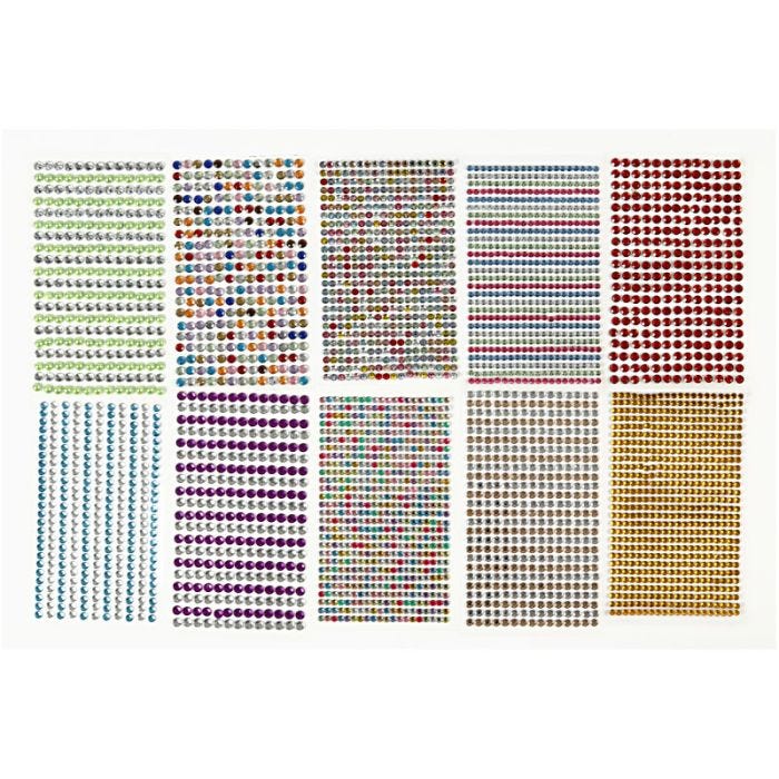 Stick-on strasstenen, d 4-6 mm, vel 16x9,5 cm, diverse kleuren, 10 vel/ 1 doos