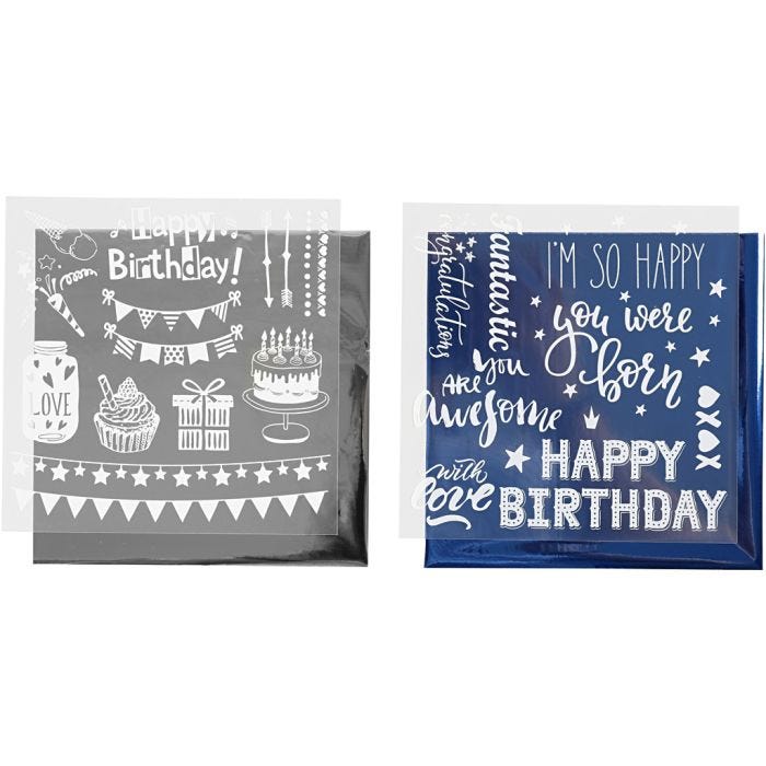 Deco folie en transfervel, verjaardag, vel 15x15 cm, donkerblauw, zilver, 2x2 vel/ 1 doos