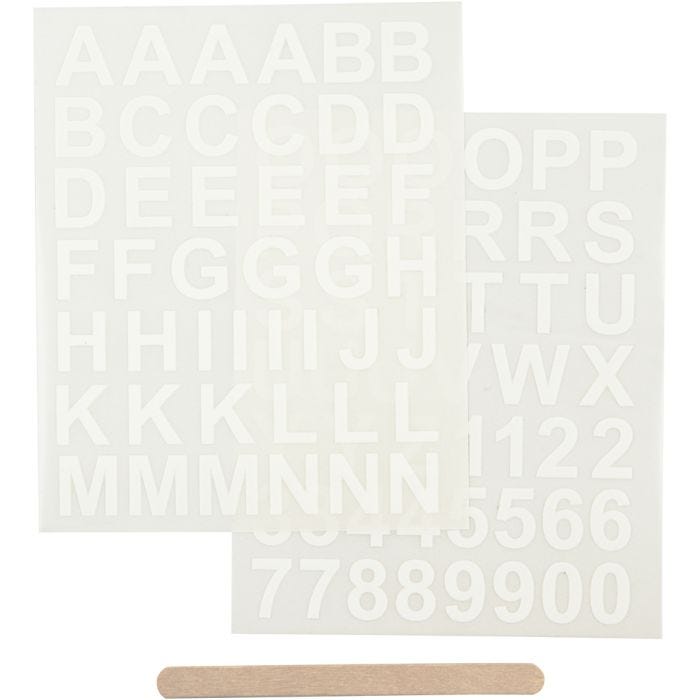 Rub-on Stickers, letters en cijfers, H: 17 mm, B: 17 mm, vel 12,2x15,3 cm, wit, 1 doos