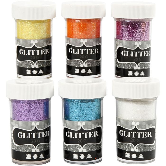 Glitter, diverse kleuren, 6x20gr/ 1 doos