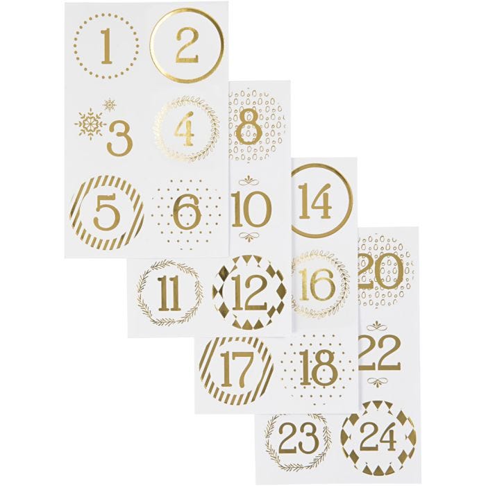 Kerstkalender cijfer stickers, d 40 mm, vel 9x14 cm, goud, wit, 4vel/ 1 doos