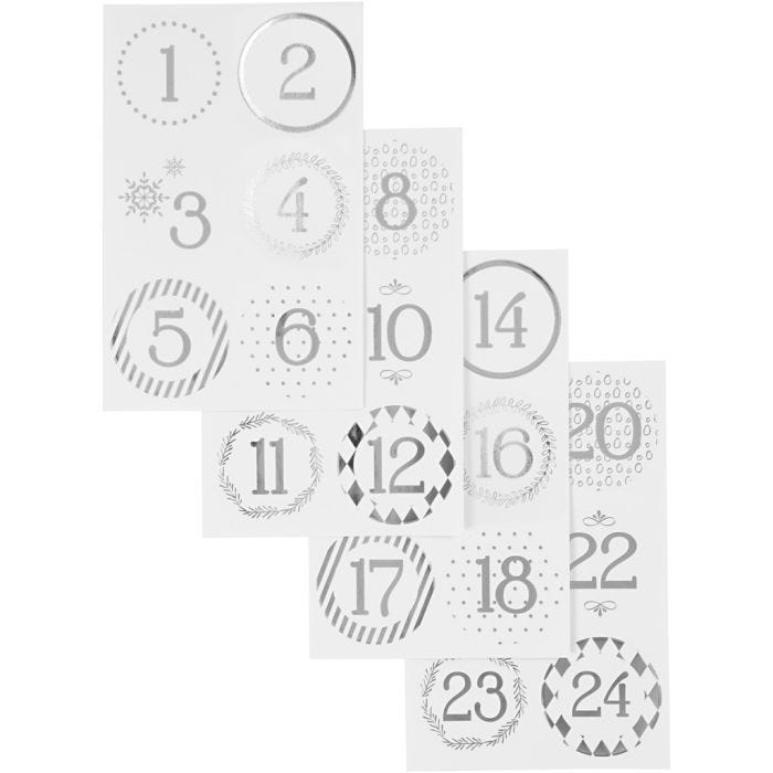 Kerstkalender cijfer stickers, d 40 mm, vel 9x14 cm, zilver, wit, 4 vel/ 1 doos