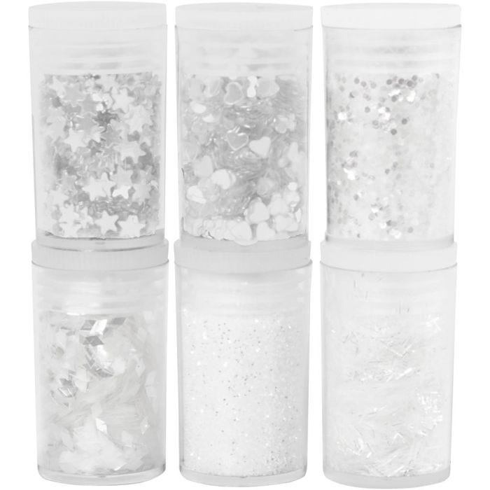 Glitter en Pailletten, wit, 6x5 gr/ 1 doos