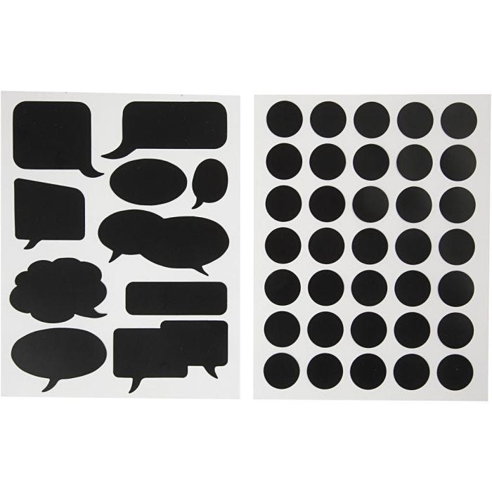 Krijtbord stickers, cirkels en spreekballonnen, vel 14x18 cm, zwart, 2div vellen/ 1 doos