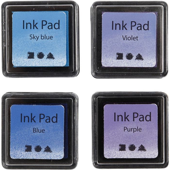 Stempelinkt, H: 2 cm, afm 3,5x3,5 cm, blauw, hemelsblauw, paars, violet, 4stuk/ 1 doos