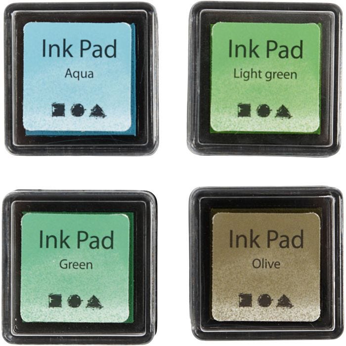 Stempelinkt, H: 2 cm, afm 3,5x3,5 cm, groen, lichtgroen, olijf, aqua, 4 stuk/ 1 doos