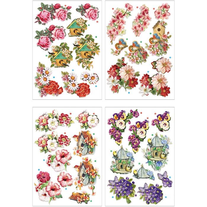 3D vellen, bloemen en vogels, vel 21x30 cm, 4 vel/ 1 doos