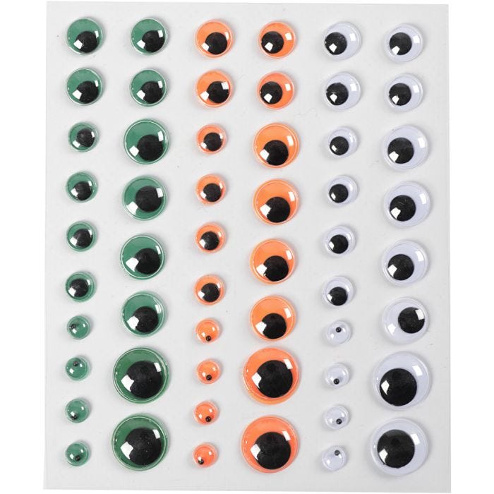 Wiebelogen, zelfklevend, d 6+8+10+12+15 mm, groen, oranje, wit, 54 stuk, 1 vel