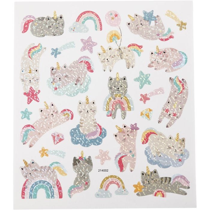 Stickers, unicorn katten, vel 15x16,5 cm, 1 vel