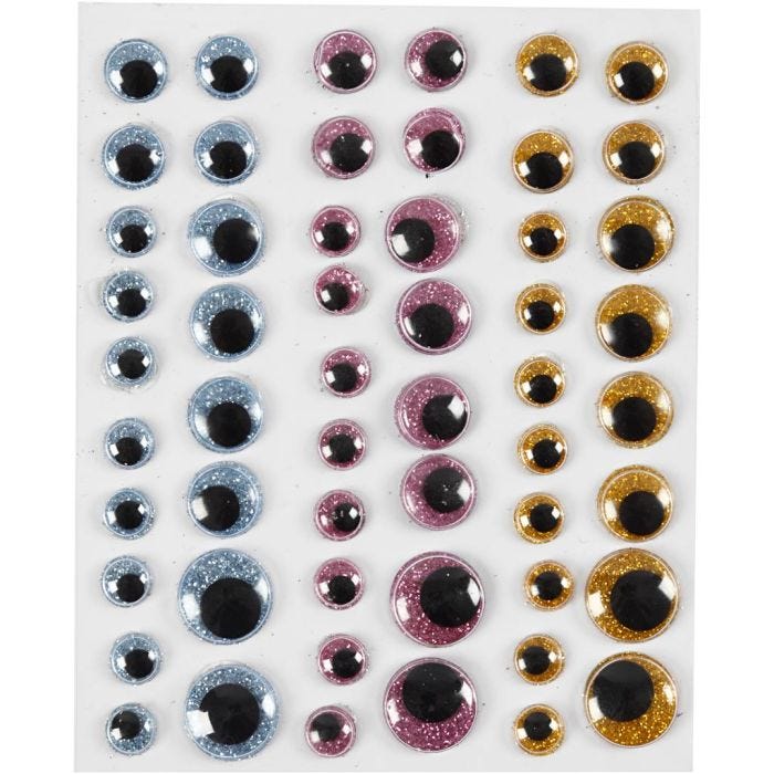 Wiebelogen, d 8+10+12+15 mm, lichtblauw, goud, lichtrood, 54 stuk/ 1 vel