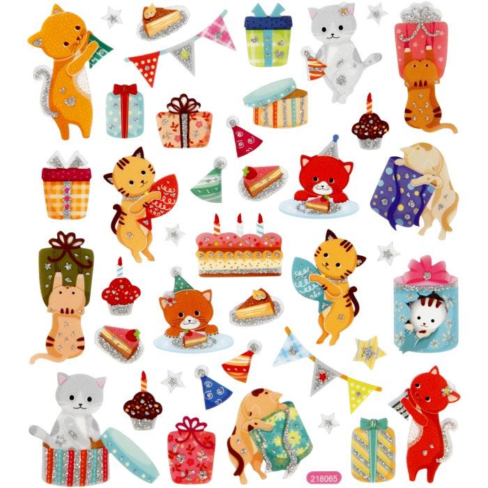 Stickers, verjaardags katten, vel 15x16,5 cm, 1 vel
