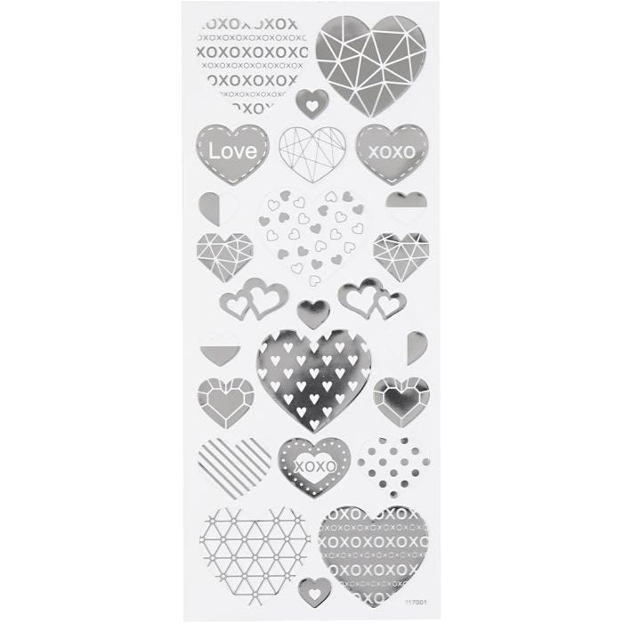 Stickers, harten, vel 10x24 cm, zilver, 1 vel