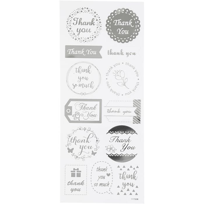 Stickers, thank you, vel 10x24 cm, zilver, 1 vel