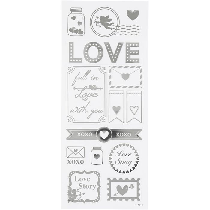 Stickers, love, vel 10x24 cm, zilver, 1 vel