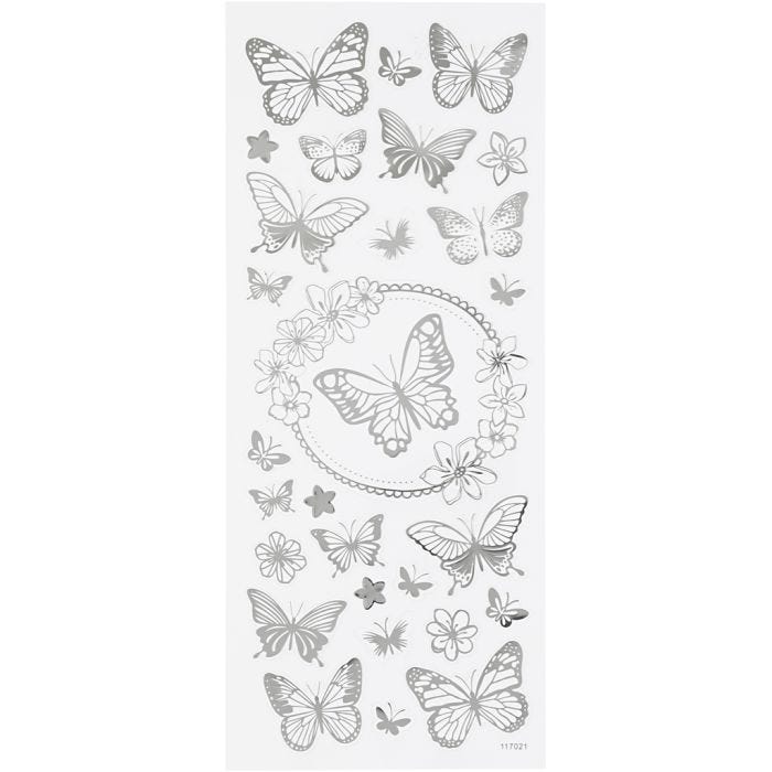 Stickers, vlinders, vel 10x24 cm, zilver, 1 vel