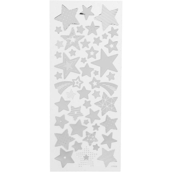 Stickers, sterren, vel 10x24 cm, zilver, 1 vel
