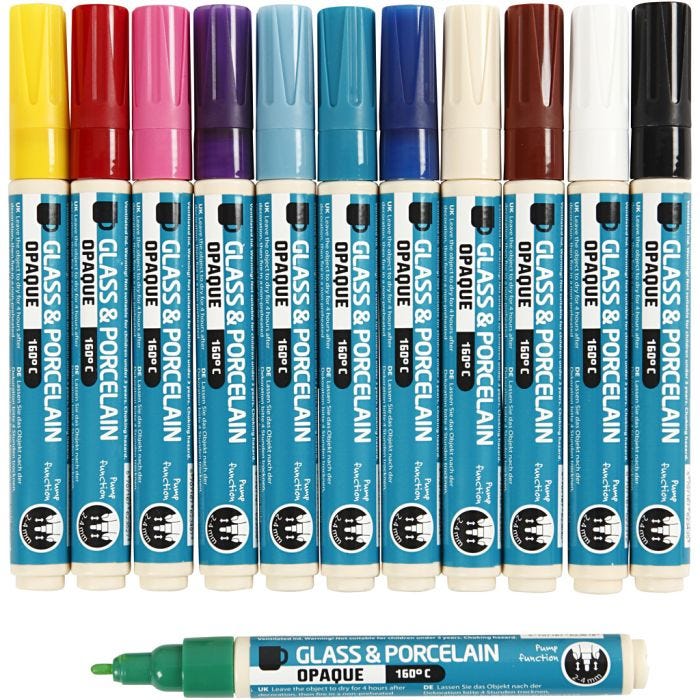 Glas- en porseleinstift, lijndikte 2-4 mm, dekkend, diverse kleuren, 12 stuk/ 1 doos