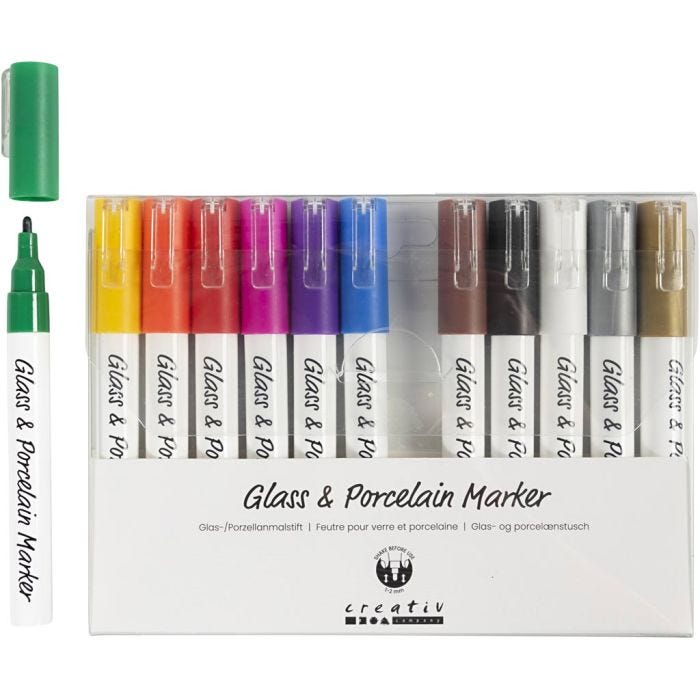 Glas- &amp; Porseleinstiften, lijndikte 1-2 mm, semi-dekkend, diverse kleuren, 12stuk/ 1 doos