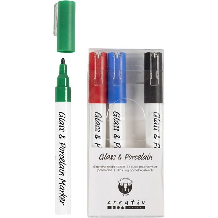 Glas- &amp; Porseleinstiften, lijndikte 1-2 mm, semi-dekkend, zwart, blauw, groen, rood, 4 stuk/ 1 doos